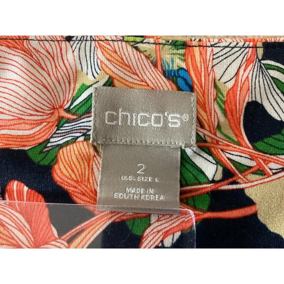 Chico's Size 2 Large Floral Top Navy Multicolor Rayon Blend Short Sleeve Shirt - Picture 3 of 9